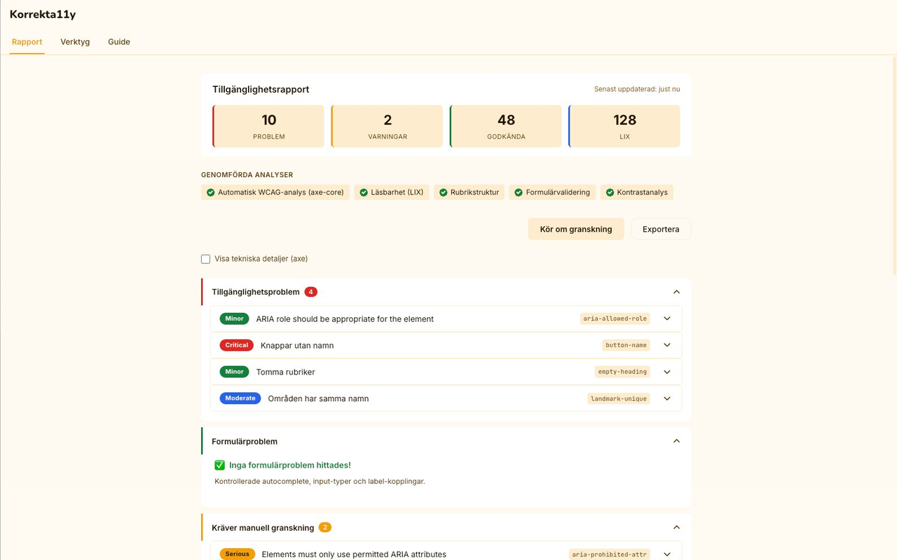 Korrektally-fliken Rapport som visar en tillgänglighetsrapport med totalpoäng, antal problem per kategori och en lista med specifika WCAG-fel.